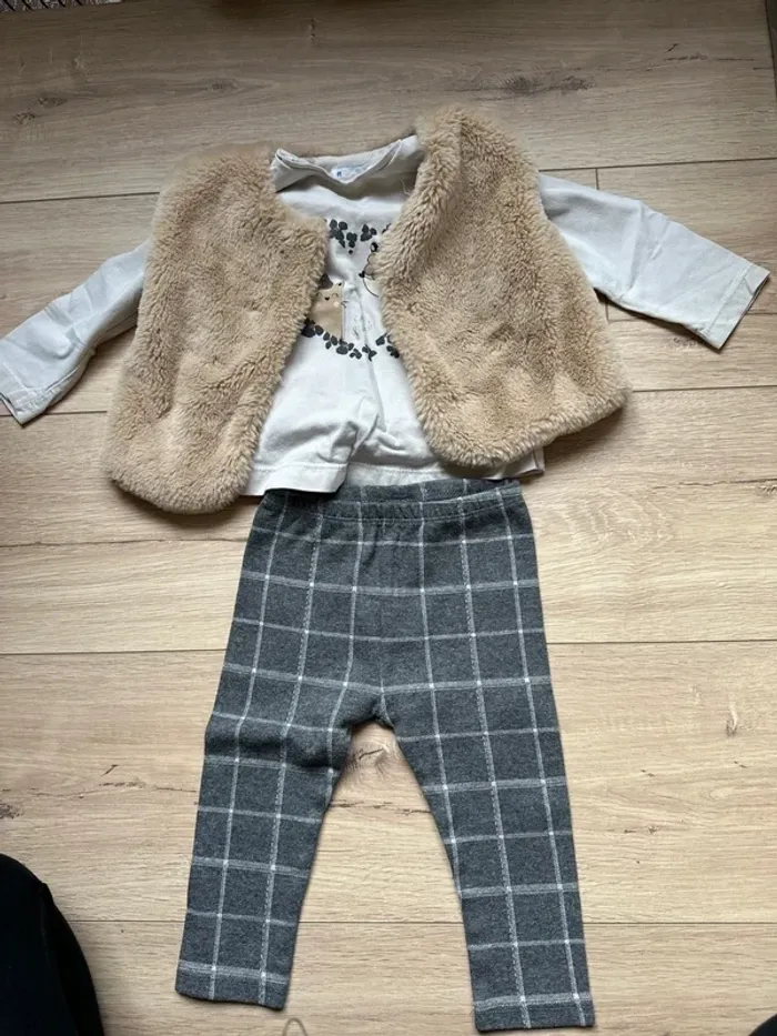 Ensemble pantalon à carreaux, gilet fourrure et haut manche longue Beige Marron Gris 12 mois Mayoral
