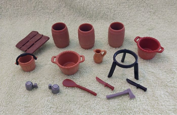 lot Playmobil western médiéval tonneau couteau cruche seau panière verre hache socle