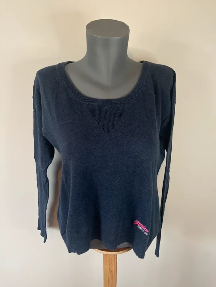 Pull fin bleu foncé Superdry Vintage S – 100 % coton – Détails travaillés col & côtés