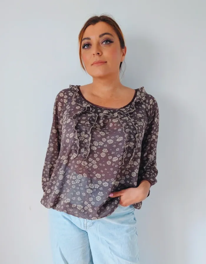 Blouse légère transparentes à volant ample fluide gris beige fleuri style bohème 1 23 taille 40 - photo numéro 4