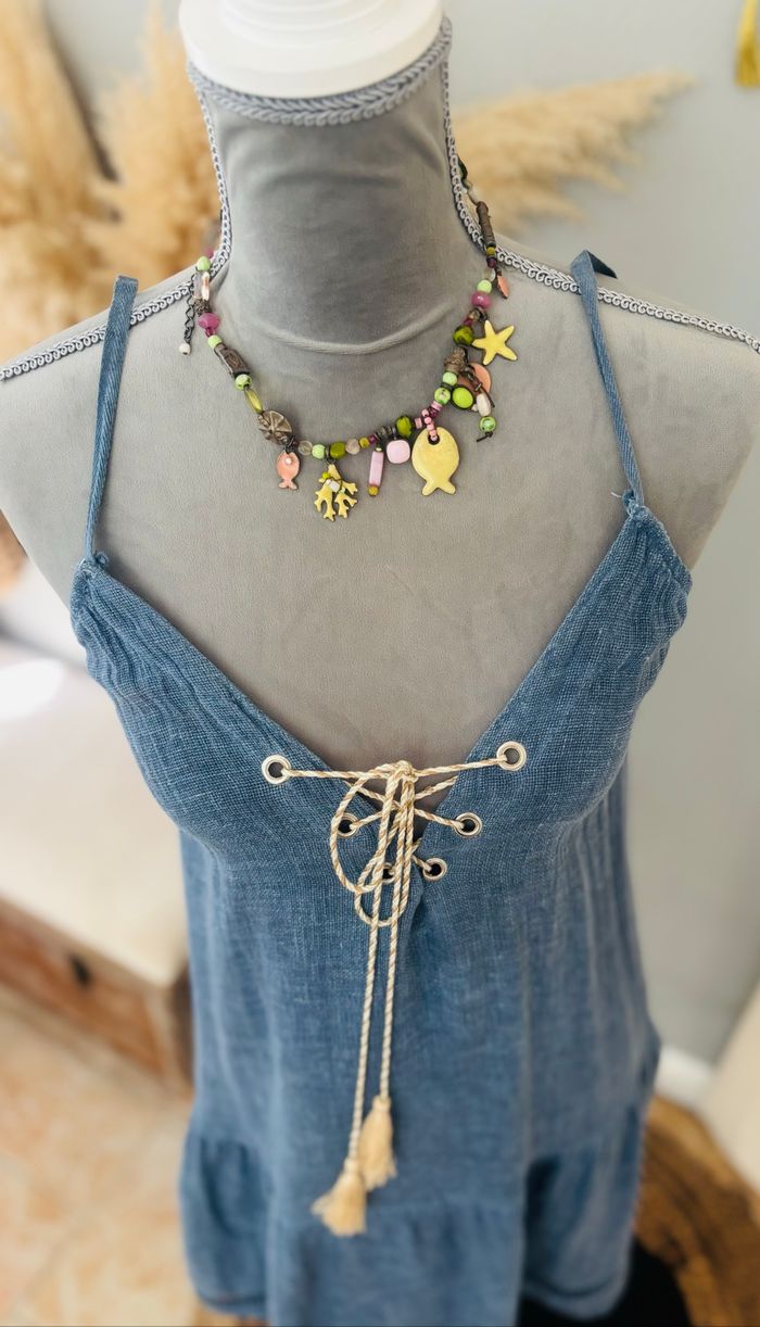 Robe bleue  bohème été coton et lin taille unique - photo numéro 7