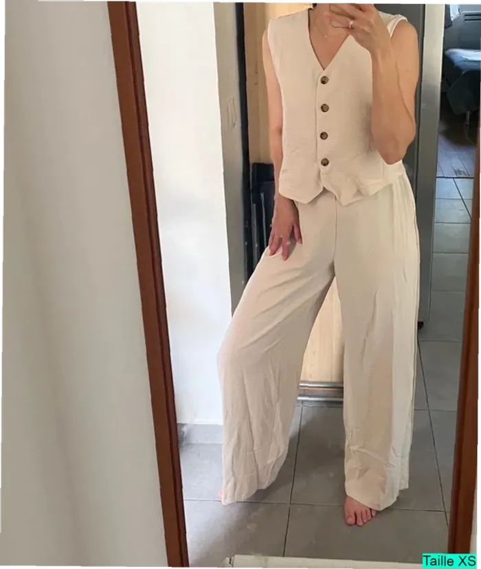 Ensemble femme chic beige style tailleur été - gilet + pantalon fluide taille XS