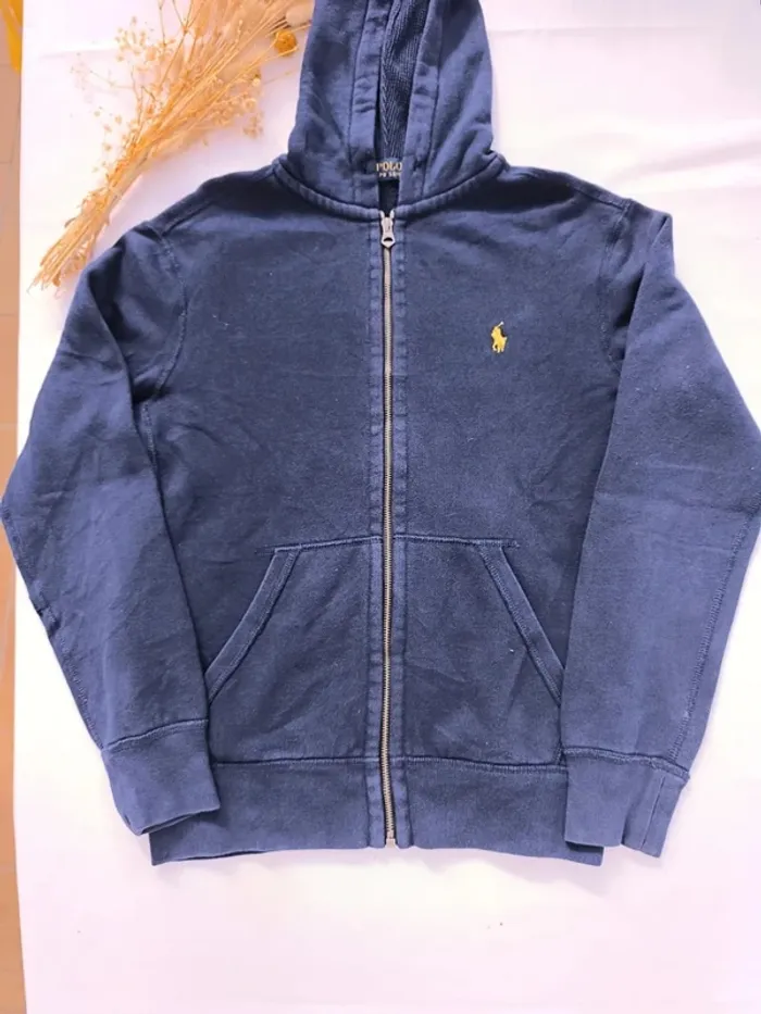 Sweat capuche zippé homme Ralph Lauren taille S bleu marine logo jaune - trou manche - photo numéro 2