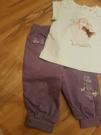 Pantalon été et tshirt # mauve# 100%coton # oiseau# fleur# élastique