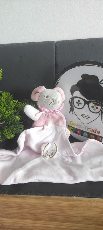 Doudou plat souris rose blanc mouchoir ventre noeud satin rose Cajou Marron