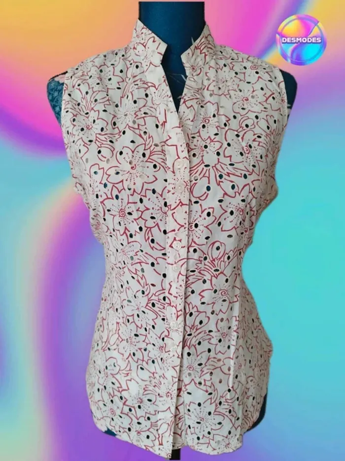 Blouse coton chemise sans manches fleurs de cerisier Sakura