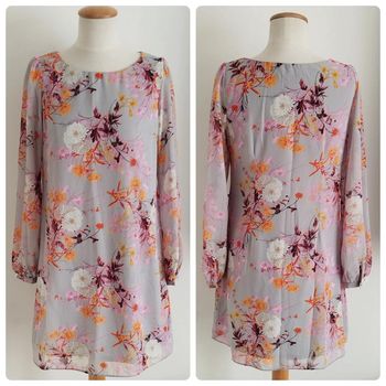 Jolie robe doublée manches longues grise fleurie Atmosphère taille 36