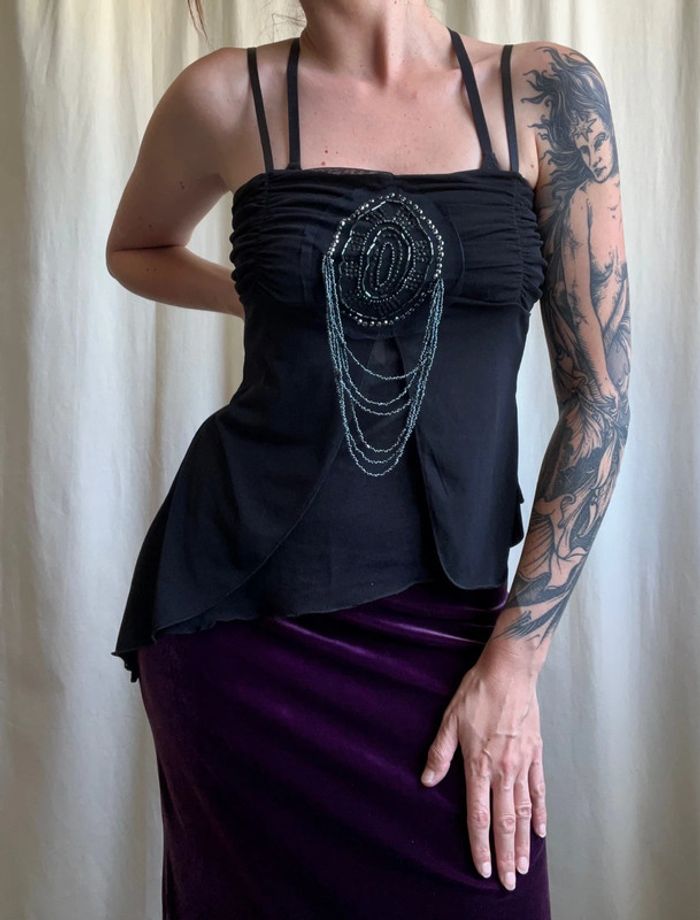 Top asymétrique plastron perles y2k coquette vintage made in France - Taille S - photo numéro 7