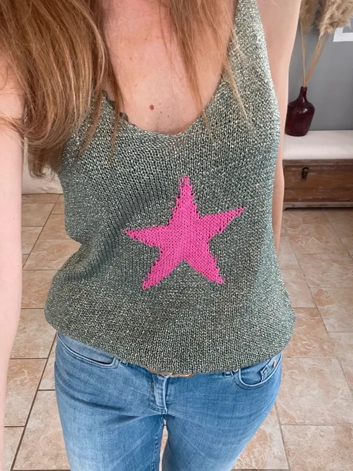 Débardeur vert doré irisé avec étoile rose-Taille unique
