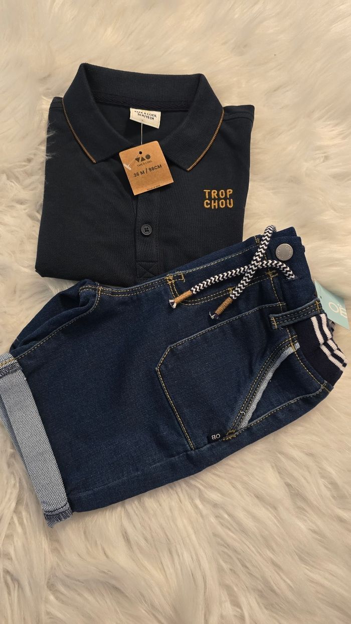 Neufs (non portés) 🏷💙🥰superbe  ensemble polo mc et short en jeans 36mois garçon 🥰💙 - photo numéro 2