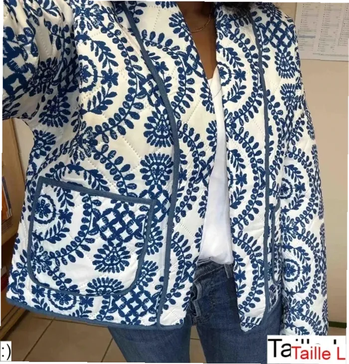 Veste Femme Matelassée Imprimé Floral Bleu Bohème - Taille L Neuf Jamais Porté