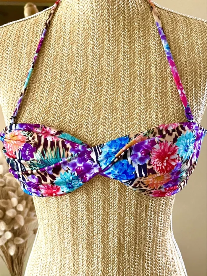 sublime Haut de bikini bandeau fleurs multicolores imprime animal bretelle amovible neuf - photo numéro 4