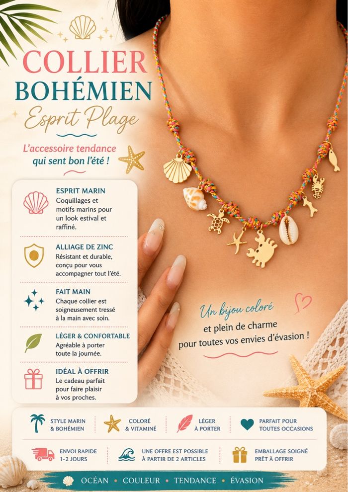 Collier bohème multicolore charms mer crabe coquillage été tendance - photo numéro 2