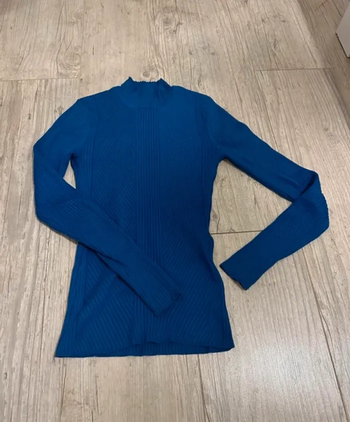 Pull maille côtelé hm col cheminée bleu électrique - photo numéro 2