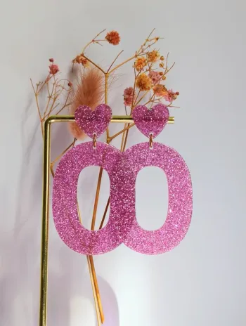 Boucles d'oreilles pendantes paillettes rose coeur ovale