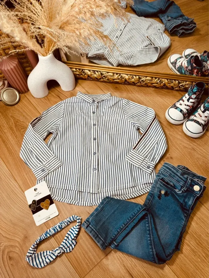 Taille 3 ans tenue 4 pièces fille TAO bleu * rayures * 🩷