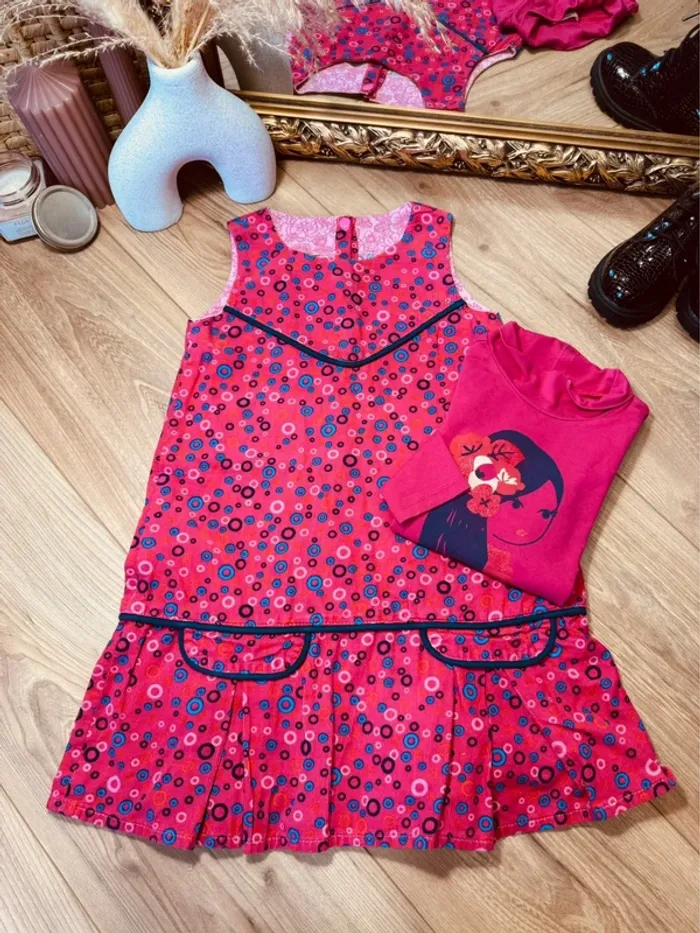 Taille 5 ans robe et sous pull fille DPAM rose fuchsia * velours * 🩷 - photo numéro 3