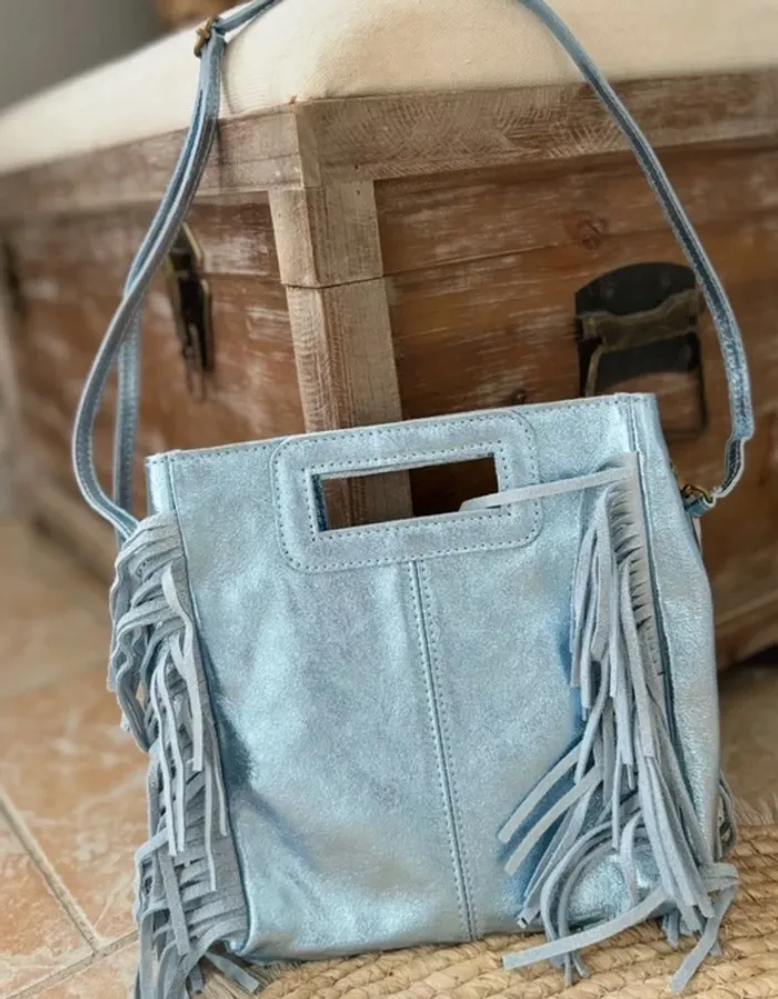 Sac bandoulière cuir véritable bleu gris franges - photo numéro 8