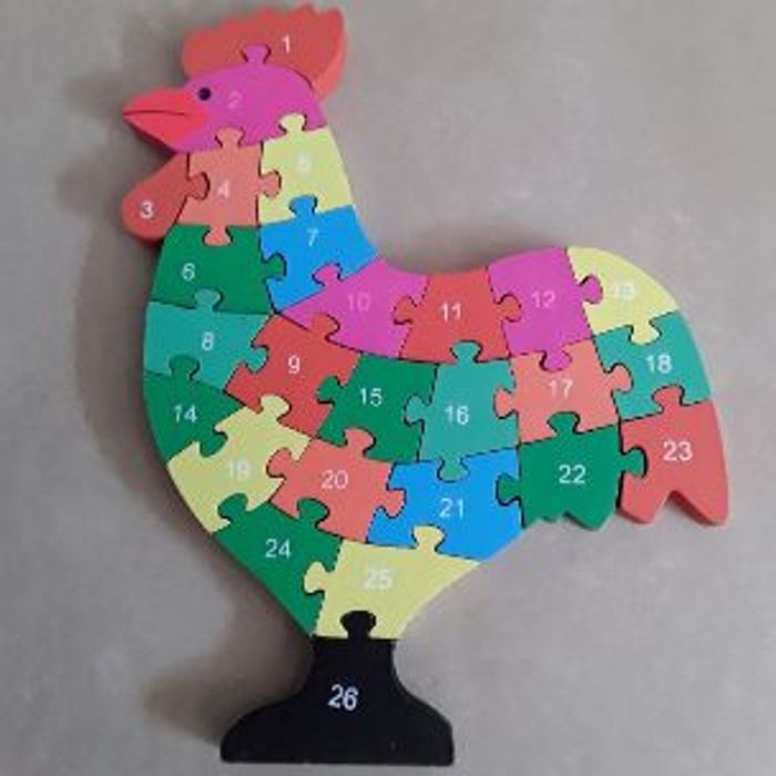 Puzzle bois alphabet et chiffres poule coq TBE
