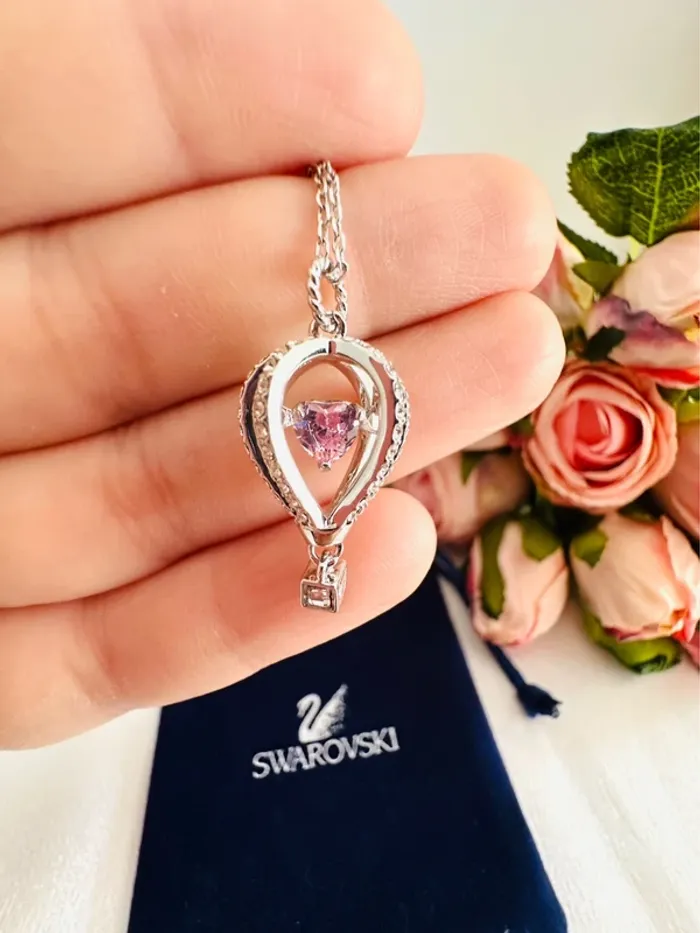 🎈Collier Swarovski montgolfière argenté cœur rose mobile – avec pochon - photo numéro 10