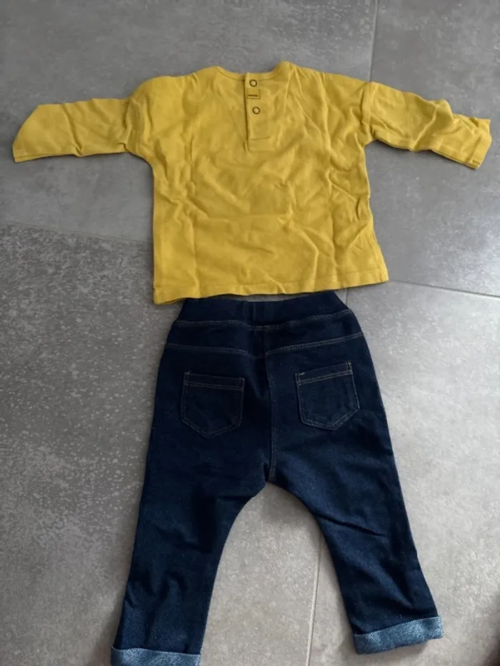 Ensemble tee shirt jaune long avec jean souple 6 mois - photo numéro 2