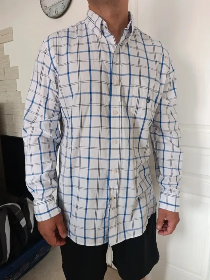Chemise manche longue chaps a carreaux blanc bleu - photo numéro 2