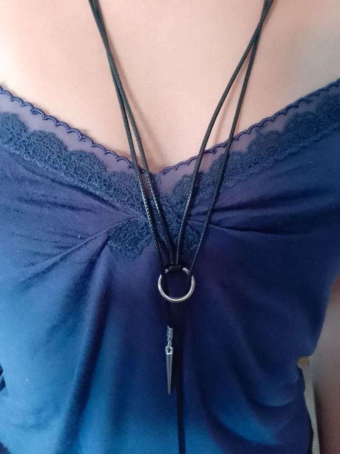 Collier cordon cuir et 2 piques argentes - photo numéro 2