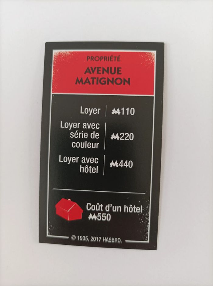Carte propriété Avenue Matignon pièce détachée Monopoly édition tricheurs Hasbro gaming #A28