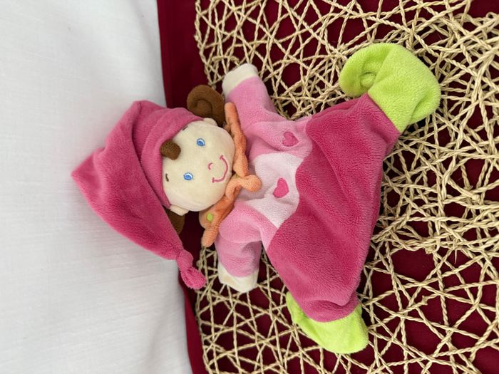 Doudou marionnette lutin poupée arlequin rose orange vert NICOTOY - photo numéro 3