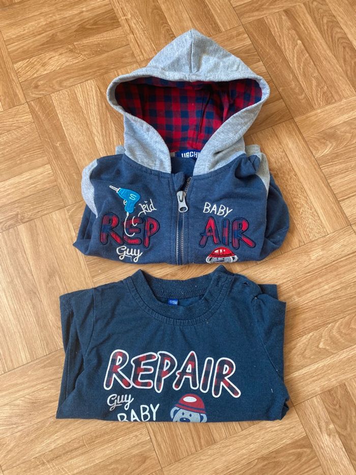 Sweat à capuche et zip + t-shirt manches longues bleu et gris taille 12/18 mois vintage Urchin - photo numéro 6