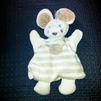 Doudou marionnette souris blanche rayure grise Bellodoux