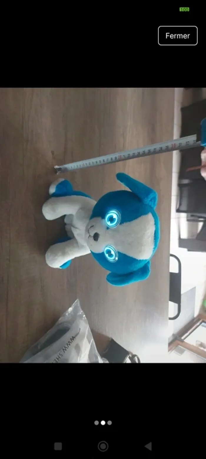 Peluche chien bleu et blanche 
Ses yeux s'allume quand on appui dur la tête 
Et il aboie