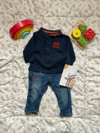 ensemble polo manches longues marine tape à l'oeil et jean slim bleu gémo 6 mois