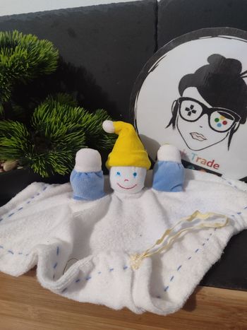 Doudou plat blanc lutin bonnet jaune gipsy bleu éponge ancien vintage Rouge 3602