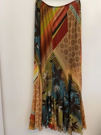 Jupe très longue mesh transparent multicolore motif rétro vintage