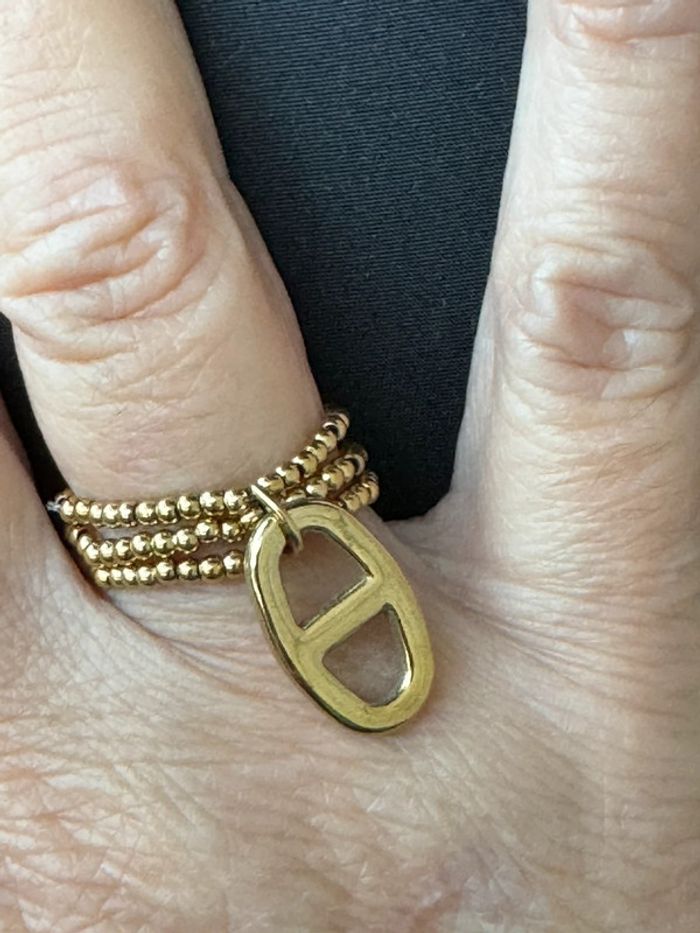 Bague 3 rangs réglable boules maillon farandole en breloque acier inoxydable or