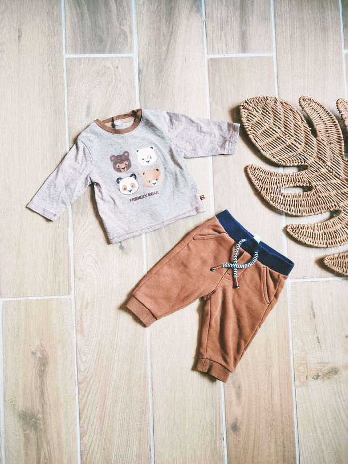 🐶Obaïbi - Ensemble Pantalon molletonné marron et T-shirt motifs ours- Taille 3 mois