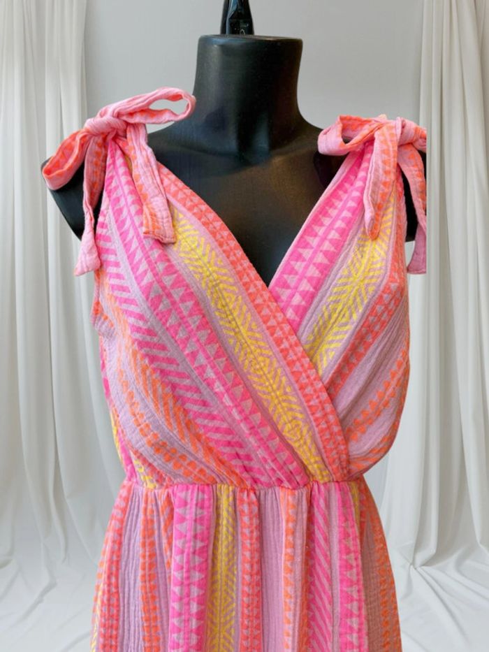 Magnifique robe longue d’été gaz de coton rose rayés orange jaune grande taille 42-46 - photo numéro 2