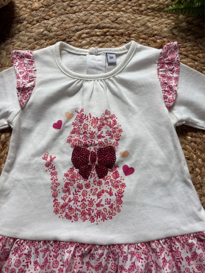 🌺Tunique blanche et rose manche longue au chat fleuris Taille 6mois/68cm🌺 - photo numéro 4