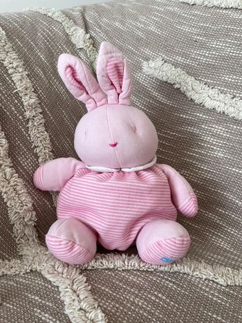 Peluche doudou boule 19cm klorane lapin rose rayé et blanc tres bon état