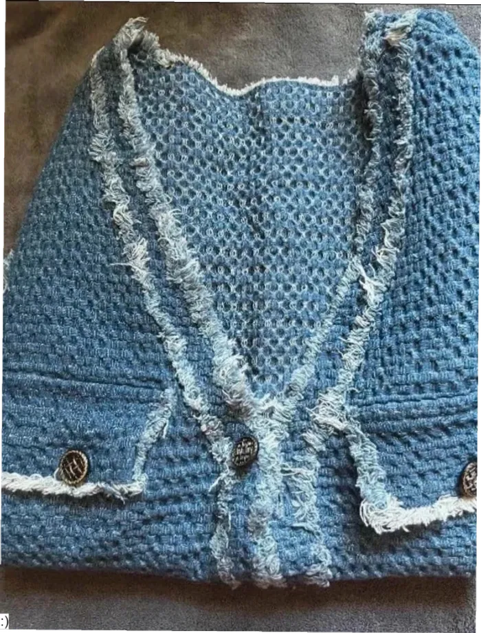 Gilet Femme Sans Manches Tweed Bleu Franges Boutons - Taille M Neuf Jamais Porté - photo numéro 2