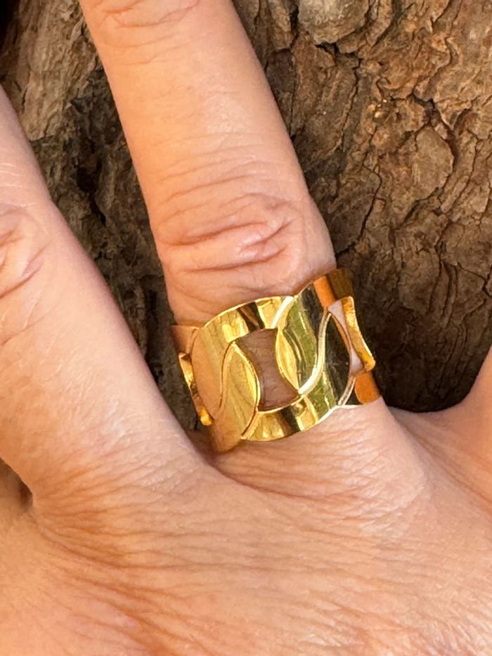 Bague large réglable gros maillons entrelacés acier inoxydable or