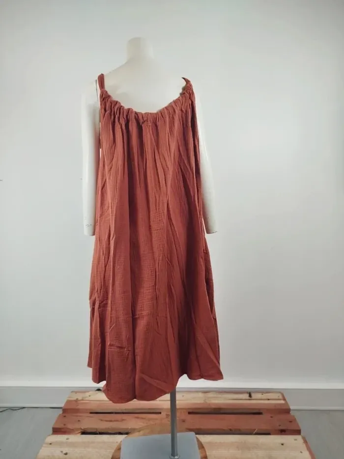 Robe longue rouille Quintessence en coton, effet gaufré, nouée à l'épaule, style bohème A1564 - photo numéro 6