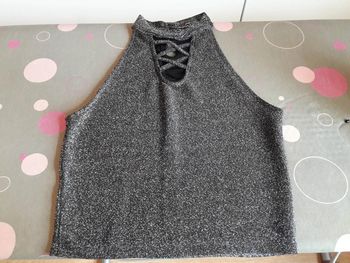 Joli top femme épaules dénudées décolleté croisé lurex argenté S Jennyfer