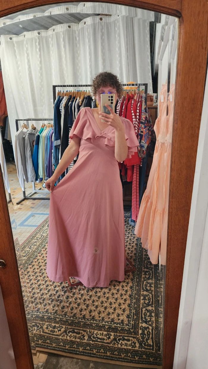 Jolie robe de cérémonie vintage 70's 80's rose pastel a volants - photo numéro 4