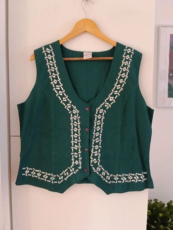 Veste vintage sans manches en coton,verte broderies blanches