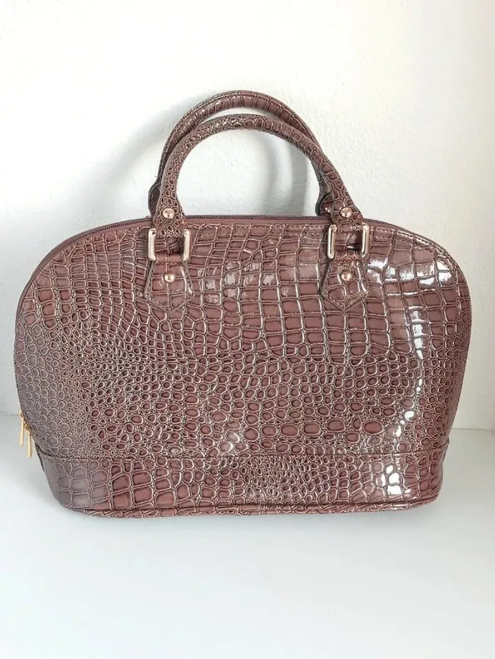 Sac à main marron cuir vernis bandoulière amovible écaille vintage / Lucia Tommasi - 33x24x17cm - photo numéro 10