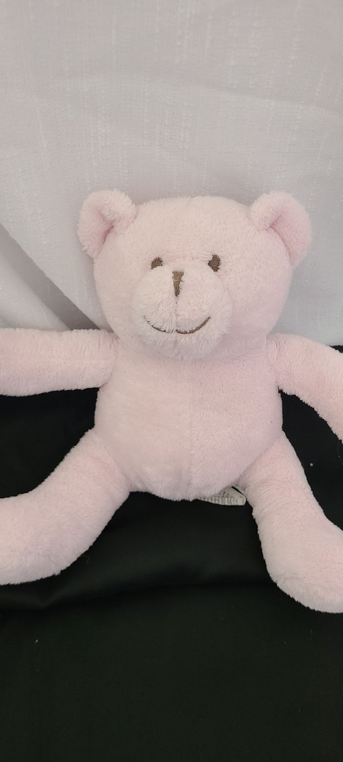 Peluche doudou ours OBAIBI OKAIDI rose visage brodé 17 cm assis - photo numéro 2