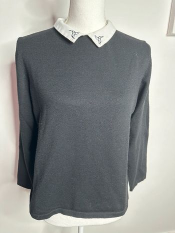 Pull noir et blanc col Claudine broderies oiseaux T40 L