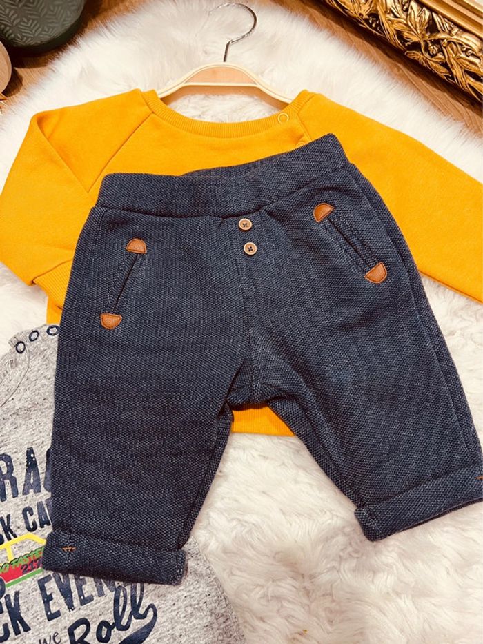 Taille 3 mois ensemble 3 pièces garçon Obaibi primark gris bleu marine et moutarde * daddy’s * 💙 - photo numéro 3